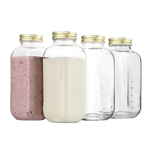 kitchentoolz 32oz Square Glass Milk Bottle with Metal Airtight Lids -1 Quart Milk Jars with Lids for Fridge - Reusable Milk Jugs , Yogurt, Smoothies, Kefir, Kombucha, Water