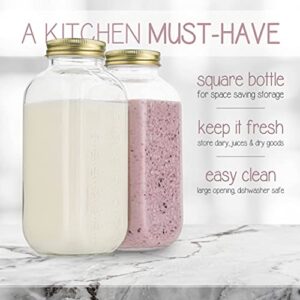 kitchentoolz 32oz Square Glass Milk Bottle with Metal Airtight Lids -1 Quart Milk Jars with Lids for Fridge - Reusable Milk Jugs , Yogurt, Smoothies, Kefir, Kombucha, Water