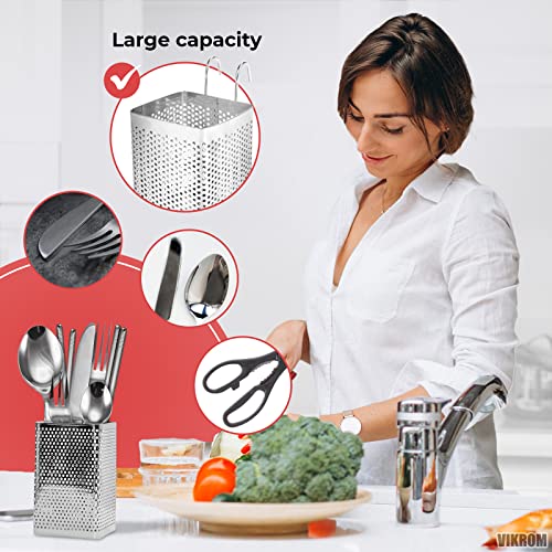 Stainless Steel Utensil Holder for Kitchen Counter - Perforated Kitchen Utensil Holder for Countertop Chopstick Spoon Spatula Holder Dryer Rack with Hooks - Utensil Caddy for Cooking Utensils Holder