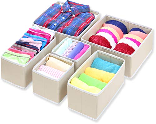 Simple Houseware Foldable Cloth Storage Box Closet Dresser Drawer Divider Organizer Basket Bins for Underwear Bras, Beige (Set of 6)