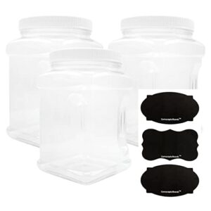 cornucopia brands 3-pack square 64 oz 1/2 gallon plastic canisters; 8-cup capacity clear jars w/ white plastic lids & chalk labels, bpa-free lightweight pet #1 plastic