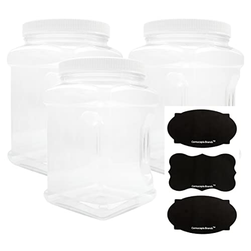 Cornucopia Brands 3-Pack Square 64 Oz 1/2 Gallon Plastic Canisters; 8-Cup Capacity Clear Jars w/ White Plastic Lids & Chalk Labels, BPA-Free Lightweight PET #1 Plastic