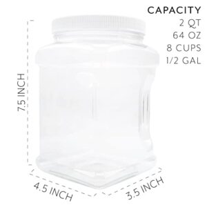 Cornucopia Brands 3-Pack Square 64 Oz 1/2 Gallon Plastic Canisters; 8-Cup Capacity Clear Jars w/ White Plastic Lids & Chalk Labels, BPA-Free Lightweight PET #1 Plastic