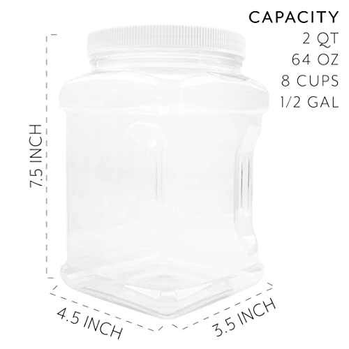Cornucopia Brands 3-Pack Square 64 Oz 1/2 Gallon Plastic Canisters; 8-Cup Capacity Clear Jars w/ White Plastic Lids & Chalk Labels, BPA-Free Lightweight PET #1 Plastic