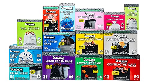 Ultrasac Heavy Duty 45 Gallon Trash Bags Huge 50 Count/w Ties) - 1.8 MIL - 38" x 45" - Large Black Plastic Garbage Bags for Contractor, Industrial, Home, Kitchen, Commercial, Yard, Lawn, Leaf