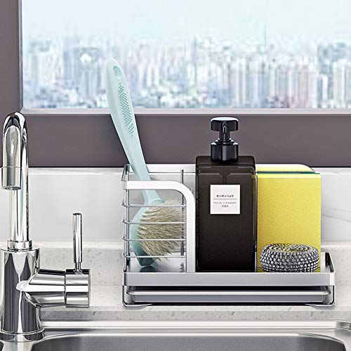 Kitchen Countertop Dish Soap and Dishwashing Brush Holder, SUS 304 Stainless Steel Sponge Organizer, Basket for Cleaning and Scrub Tool, Kitchen Sink Brush Caddy Holder