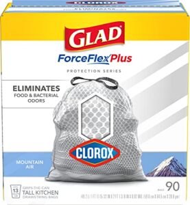 glad forceflexplus tall kitchen drawstring trash bags with clorox, 13 gallon white trash bag for kitchen, mountain air scent, 90 count