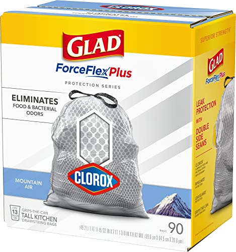 GLAD ForceFlexPlus Tall Kitchen Drawstring Trash Bags with Clorox, 13 Gallon White Trash Bag for Kitchen, Mountain Air Scent, 90 Count