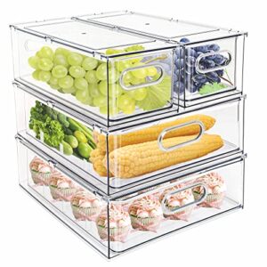 minesign 4 pack stackable refrigerator organizer bins pull-out drawers for fruit and veggies storage organizer for fridge clear drawer containers with handle divided organization for produce saver