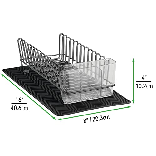 mDesign Steel Sink Dish Drying Rack/Dish Drainer Storage Organizer w/Wire Drainer, Drying Mat for Kitchen Counter, Easy Drain/Dry Dishes, Plate, Utensil, Concerto Collection, Set of 2 - Black/Dk Gray