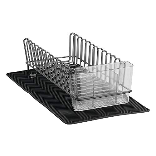 mDesign Steel Sink Dish Drying Rack/Dish Drainer Storage Organizer w/Wire Drainer, Drying Mat for Kitchen Counter, Easy Drain/Dry Dishes, Plate, Utensil, Concerto Collection, Set of 2 - Black/Dk Gray