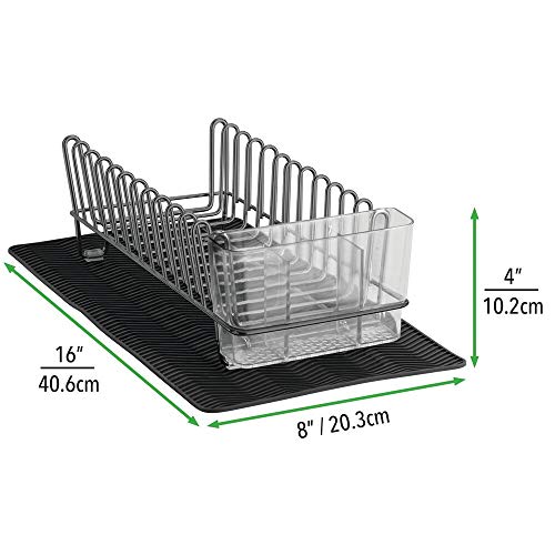 mDesign Steel Sink Dish Drying Rack/Dish Drainer Storage Organizer w/Wire Drainer, Drying Mat for Kitchen Counter, Easy Drain/Dry Dishes, Plate, Utensil, Concerto Collection, Set of 2 - Black/Dk Gray