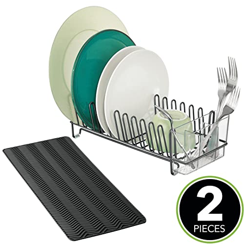 mDesign Steel Sink Dish Drying Rack/Dish Drainer Storage Organizer w/Wire Drainer, Drying Mat for Kitchen Counter, Easy Drain/Dry Dishes, Plate, Utensil, Concerto Collection, Set of 2 - Black/Dk Gray