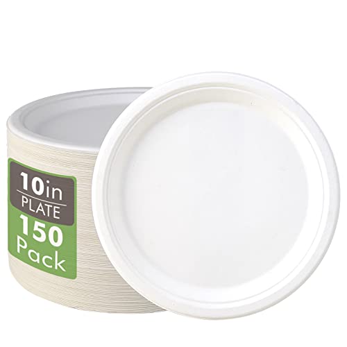 Vplus 150 Pack Compostable Disposable Paper Plates 10 inch Super Strong Paper Plates 100% Bagasse Natural Biodegradable Eco-Friendly Sugarcane Plates(white)