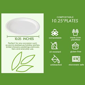 Vplus 150 Pack Compostable Disposable Paper Plates 10 inch Super Strong Paper Plates 100% Bagasse Natural Biodegradable Eco-Friendly Sugarcane Plates(white)