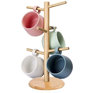 Petucer Mug Holder Tree, Coffee Cup Holder, Coffee Mug Holder for Counter Stand, Countertop Mug Tree, Tea Cup Organizer and Bamboo Mug Rack with 6 Hooks