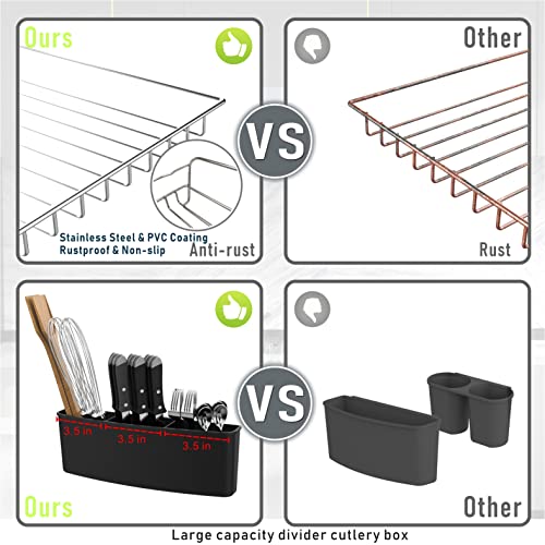 ETRENDS 1Tier Large Dish Drying Rack,Rust Resisitant Dish Rack, Compact Dish Drainer with Drainboard, Cutlery Holder, Extendable Independent Dish Holder in Cabinet,in/Over Sink,Stainless Steel