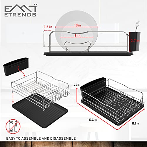 ETRENDS 1Tier Large Dish Drying Rack,Rust Resisitant Dish Rack, Compact Dish Drainer with Drainboard, Cutlery Holder, Extendable Independent Dish Holder in Cabinet,in/Over Sink,Stainless Steel