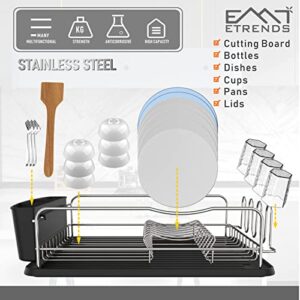 ETRENDS 1Tier Large Dish Drying Rack,Rust Resisitant Dish Rack, Compact Dish Drainer with Drainboard, Cutlery Holder, Extendable Independent Dish Holder in Cabinet,in/Over Sink,Stainless Steel