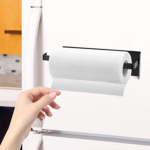 Magnetic Paper Towel Holder,Rotatable Magnetic Paper Towel Roll Holder Kitchen Paper Towels Holder Magnetic with 5 Hooks,Black Magnetic Towel Bar for Refrigerator,Grill,Kitchen,Fridge,Garage