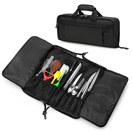 SAMDEW Chef Knife Bag with Lockhole & 17 + 6 Slots, Knife Carrying Case for Professional Chefs, Portable Knife Carrier for Chef Knife Storage, Travel Chef Knife Roll Bag for Kitchen Utensils, Bag Only