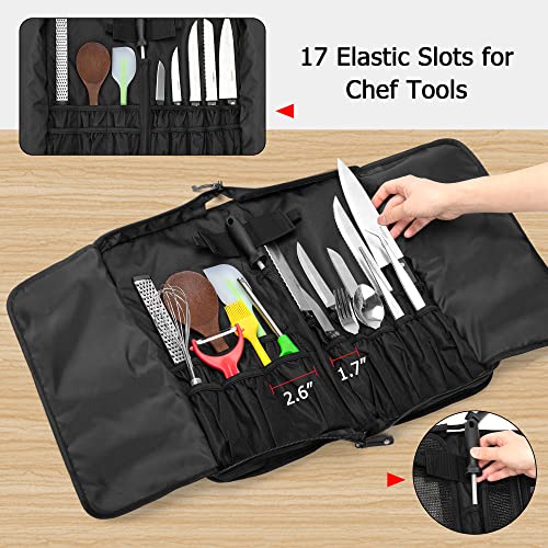 SAMDEW Chef Knife Bag with Lockhole & 17 + 6 Slots, Knife Carrying Case for Professional Chefs, Portable Knife Carrier for Chef Knife Storage, Travel Chef Knife Roll Bag for Kitchen Utensils, Bag Only