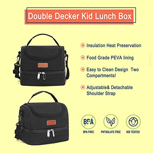 Femuar Kid Lunch Bag For Boys &Girl, Children Insulated Lunch Box Dual Compartments Small Lunch Cooler Bag , School,Travel, Gift, Black