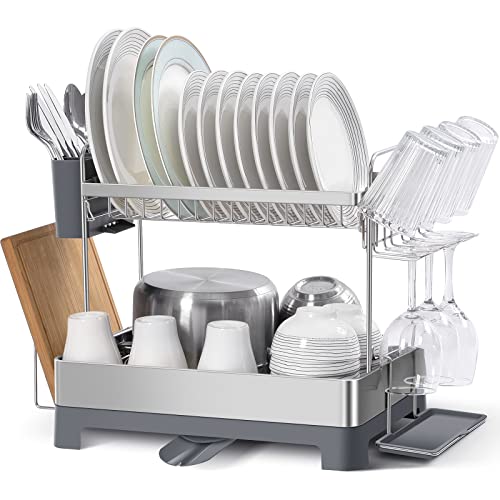 TOOLF Dish Drying Rack, 2-Tier Dish Rack with Large Capacity, Multifunctional Dish Drainer with Drainboard, Rustproof & Durable with 360° Drainboard Set with Cutting Board Rack, Tool-Free Installation