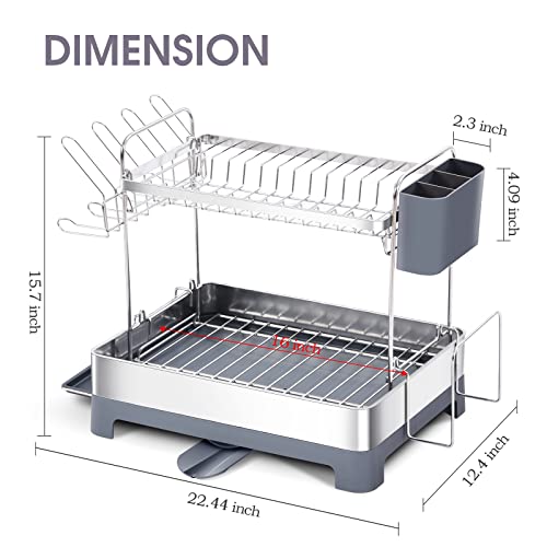 TOOLF Dish Drying Rack, 2-Tier Dish Rack with Large Capacity, Multifunctional Dish Drainer with Drainboard, Rustproof & Durable with 360° Drainboard Set with Cutting Board Rack, Tool-Free Installation