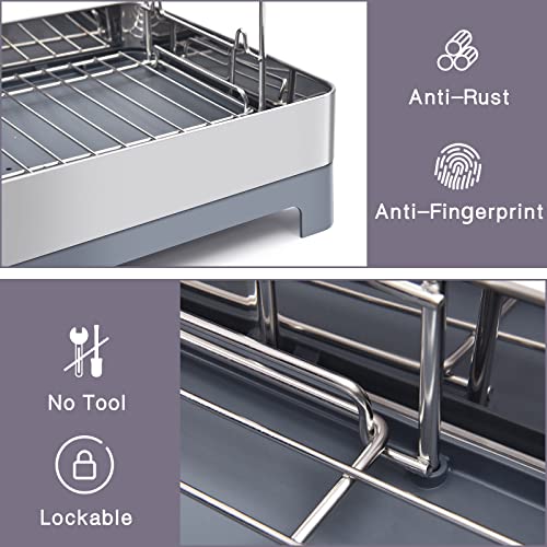 TOOLF Dish Drying Rack, 2-Tier Dish Rack with Large Capacity, Multifunctional Dish Drainer with Drainboard, Rustproof & Durable with 360° Drainboard Set with Cutting Board Rack, Tool-Free Installation