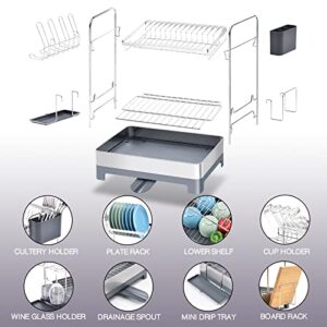 TOOLF Dish Drying Rack, 2-Tier Dish Rack with Large Capacity, Multifunctional Dish Drainer with Drainboard, Rustproof & Durable with 360° Drainboard Set with Cutting Board Rack, Tool-Free Installation