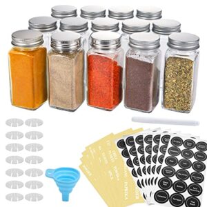 aozita 14 pcs glass spice jars with spice labels – 4oz empty square spice bottles – shaker lids and airtight metal caps – chalk marker and silicone collapsible funnel included