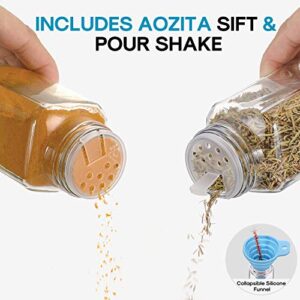 AOZITA 14 Pcs Glass Spice Jars with Spice Labels - 4oz Empty Square Spice Bottles - Shaker Lids and Airtight Metal Caps - Chalk Marker and Silicone Collapsible Funnel Included