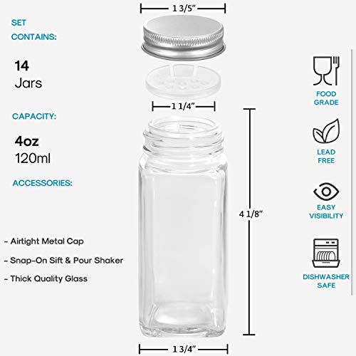 AOZITA 14 Pcs Glass Spice Jars with Spice Labels - 4oz Empty Square Spice Bottles - Shaker Lids and Airtight Metal Caps - Chalk Marker and Silicone Collapsible Funnel Included