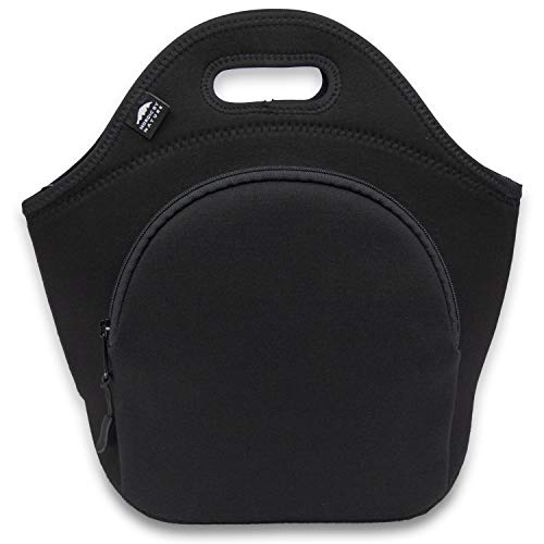 Nordic By Nature Large Neoprene Lunch Bag for Women & Lunch tote for Kids Insulated Lunch bag Reusable Washable Extra Thick Neoprene & Soft Cotton Feel, Premium Stitching, Outside Pocket, (L) Black