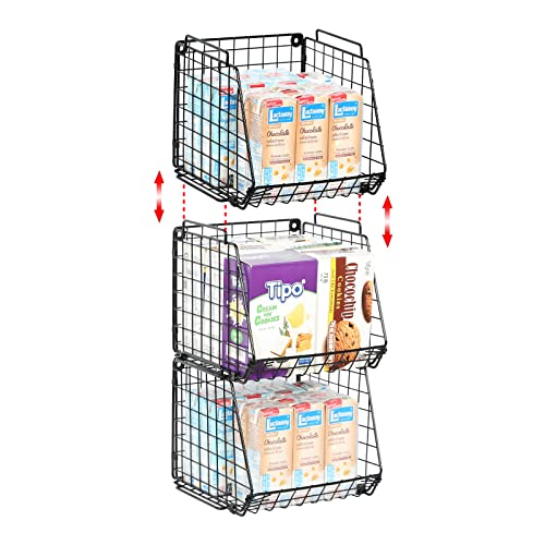 X-cosrack Stackable Pantry Baskets Household Food Storage Organizer with Handles 3 Pack, Foldable Snack Rack Stand with Open Front Stacking Farmhouse Bins for Countertop Cabinets Kitchen