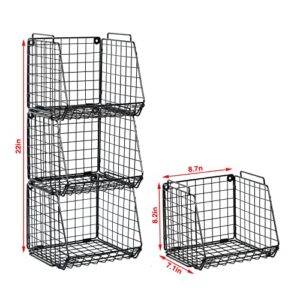 X-cosrack Stackable Pantry Baskets Household Food Storage Organizer with Handles 3 Pack, Foldable Snack Rack Stand with Open Front Stacking Farmhouse Bins for Countertop Cabinets Kitchen