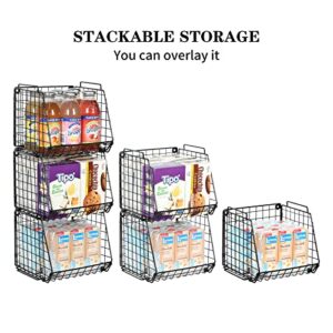 X-cosrack Stackable Pantry Baskets Household Food Storage Organizer with Handles 3 Pack, Foldable Snack Rack Stand with Open Front Stacking Farmhouse Bins for Countertop Cabinets Kitchen