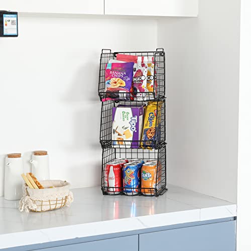 X-cosrack Stackable Pantry Baskets Household Food Storage Organizer with Handles 3 Pack, Foldable Snack Rack Stand with Open Front Stacking Farmhouse Bins for Countertop Cabinets Kitchen