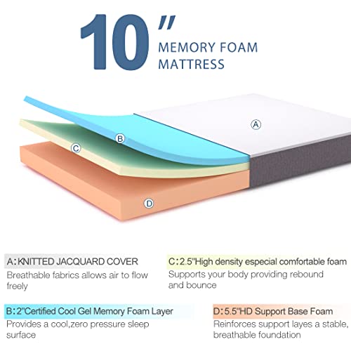 Molblly Queen Mattress 10 Inch Memory Foam Mattress in a Box, Fiberglass Free,Breathable Bed Comfortable Mattress for Cooler Sleep Supportive & Pressure Relief, Queen Size Mattress 60" X 80" X 10"