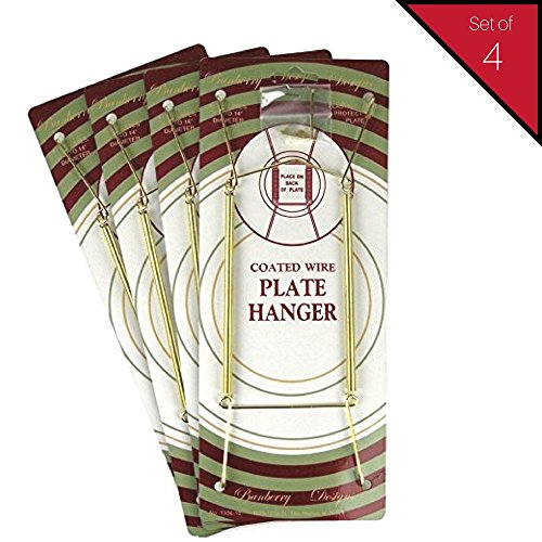 BANBERRY DESIGNS Brass Vinyl Coated Plate Hanger 10 to 14 Inch Pack of 4 Hangers - Plate Hangers for The Wall