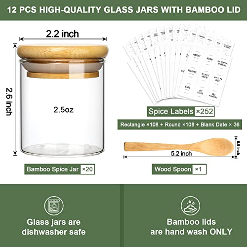 GMISUN Spice Jars with Bamboo Lids, 20 Pack 2.5oz Glass Spice Containers with Labels, Small Empty Round Spice Bottles with Airtight Lids, Mini Clear Minimalist Food Jars & Canisters for Kitchen