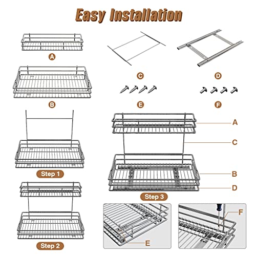 Pull Out Cabinet Organizer, 2 Tier Under Sink Organizers and Storage, Multi Purpose Sliding Cabinet Basket Organizer for Bathroom Kitchen Countertop Stainless Steel Shelf Holder 11.4Wx17.1Dx12.2H-Inch