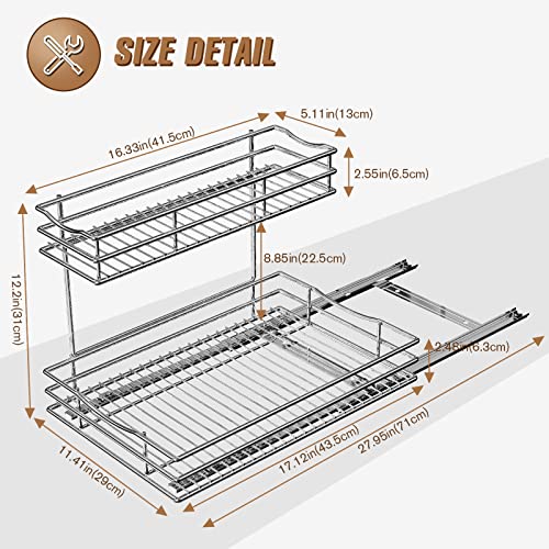 Pull Out Cabinet Organizer, 2 Tier Under Sink Organizers and Storage, Multi Purpose Sliding Cabinet Basket Organizer for Bathroom Kitchen Countertop Stainless Steel Shelf Holder 11.4Wx17.1Dx12.2H-Inch