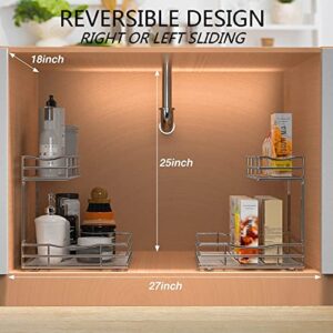 Pull Out Cabinet Organizer, 2 Tier Under Sink Organizers and Storage, Multi Purpose Sliding Cabinet Basket Organizer for Bathroom Kitchen Countertop Stainless Steel Shelf Holder 11.4Wx17.1Dx12.2H-Inch