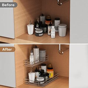 Pull Out Cabinet Organizer, 2 Tier Under Sink Organizers and Storage, Multi Purpose Sliding Cabinet Basket Organizer for Bathroom Kitchen Countertop Stainless Steel Shelf Holder 11.4Wx17.1Dx12.2H-Inch