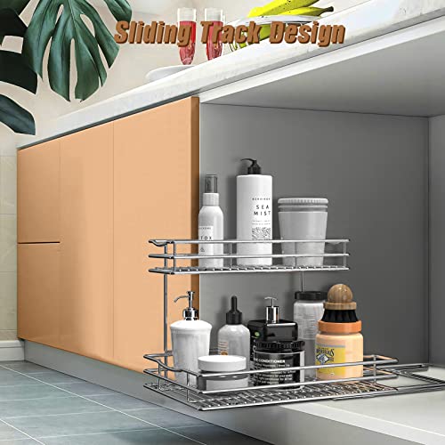 Pull Out Cabinet Organizer, 2 Tier Under Sink Organizers and Storage, Multi Purpose Sliding Cabinet Basket Organizer for Bathroom Kitchen Countertop Stainless Steel Shelf Holder 11.4Wx17.1Dx12.2H-Inch