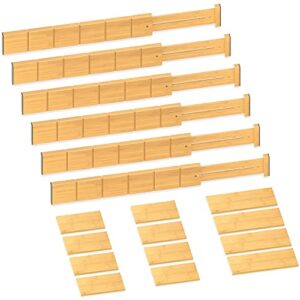 toydoooco bamboo drawer dividers with 12 inserts,16.3-22inches,expandable kitchen drawer organizer ,adjustable drawer separators for bedroom bathroom dresser 6 pack