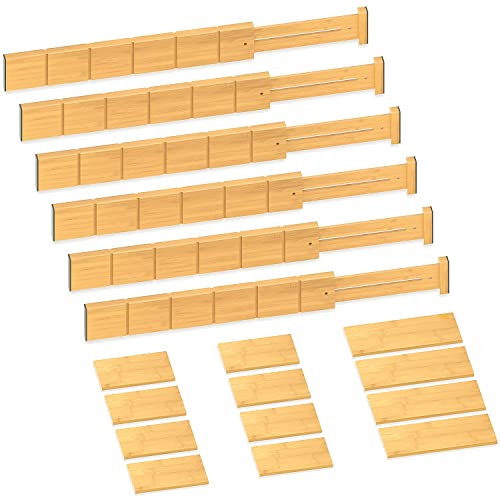 Toydoooco Bamboo Drawer Dividers with 12 Inserts,16.3-22inches,Expandable Kitchen Drawer Organizer ,Adjustable Drawer Separators for Bedroom Bathroom Dresser 6 Pack