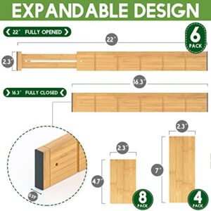 Toydoooco Bamboo Drawer Dividers with 12 Inserts,16.3-22inches,Expandable Kitchen Drawer Organizer ,Adjustable Drawer Separators for Bedroom Bathroom Dresser 6 Pack